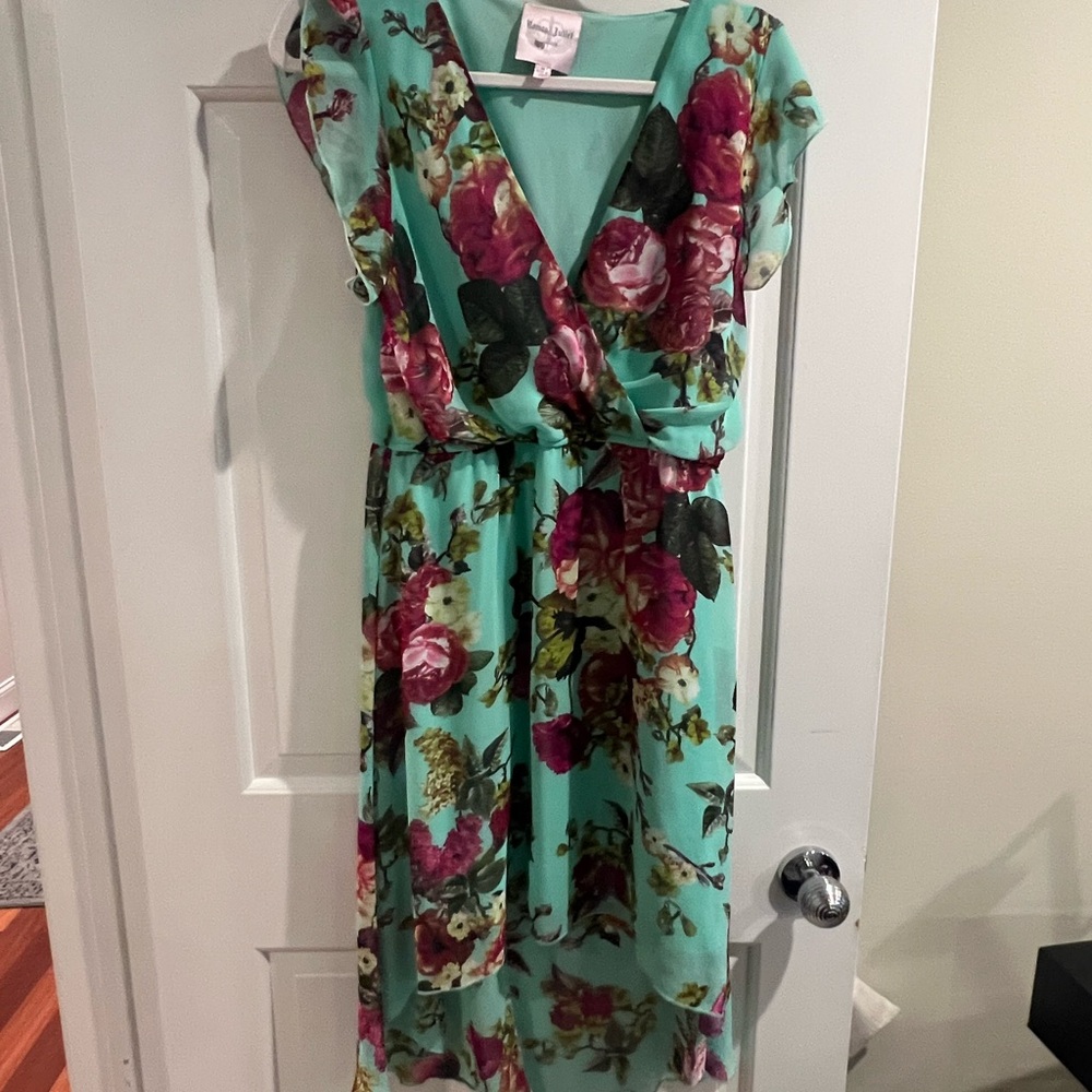 Romeo & Juliet Couture Aqua Floral Maxi Dress with Pink Roses